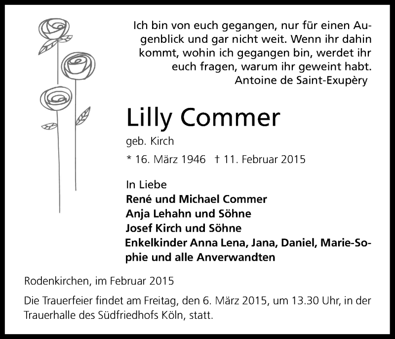  Traueranzeige für Lilly Commer vom 25.02.2015 aus Kölner Stadt-Anzeiger / Kölnische Rundschau / Express