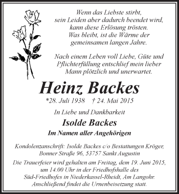 Anzeige von Heinz Backes von  Extra Blatt 
