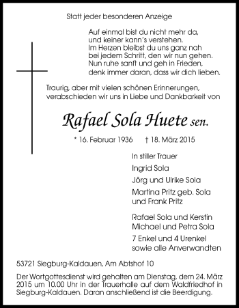 Anzeige von Rafael Sola Huete von Kölner Stadt-Anzeiger / Kölnische Rundschau / Express