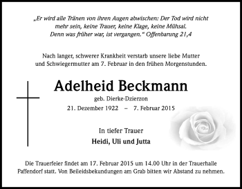 Anzeige von Adelheid Beckmann von Kölner Stadt-Anzeiger / Kölnische Rundschau / Express