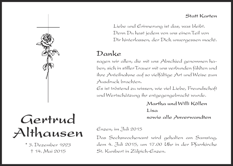  Traueranzeige für Gertrud Althausen vom 28.06.2015 aus  Blickpunkt Euskirchen 