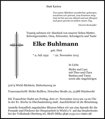 Anzeige von Elke Buhlmann von Kölner Stadt-Anzeiger / Kölnische Rundschau / Express