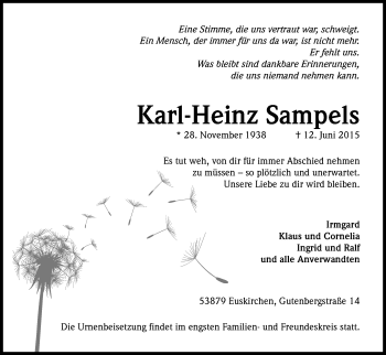 Anzeige von Karl-Heinz Sampels von Kölner Stadt-Anzeiger / Kölnische Rundschau / Express