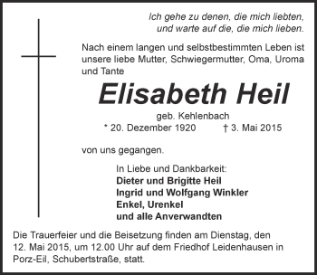 Anzeige von Elisabeth Heil von  Kölner Wochenspiegel 