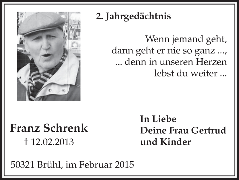  Traueranzeige für Franz Schrenk vom 11.02.2015 aus  Schlossbote/Werbekurier 