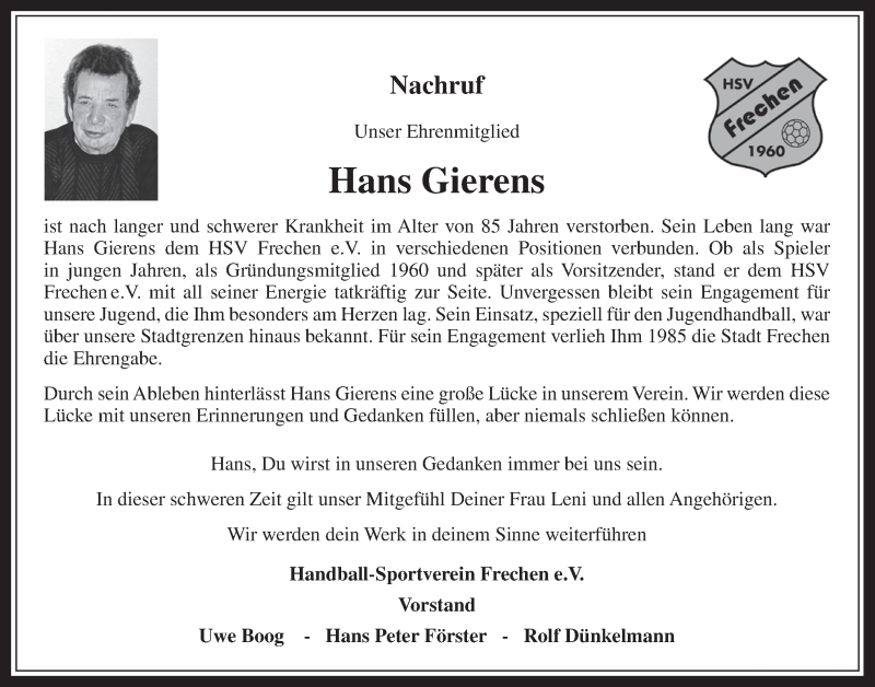  Traueranzeige für Hans Gierens vom 28.01.2015 aus  Wochenende 