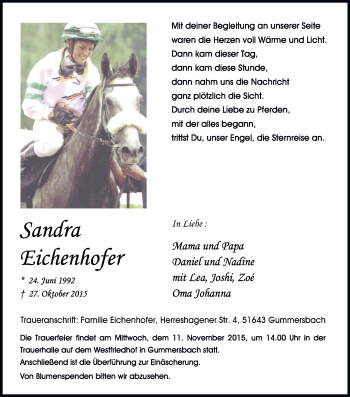 Anzeige von Sandra Eichenhofer von Kölner Stadt-Anzeiger / Kölnische Rundschau / Express