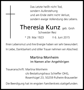 Anzeige von Theresia Kunz von Kölner Stadt-Anzeiger / Kölnische Rundschau / Express