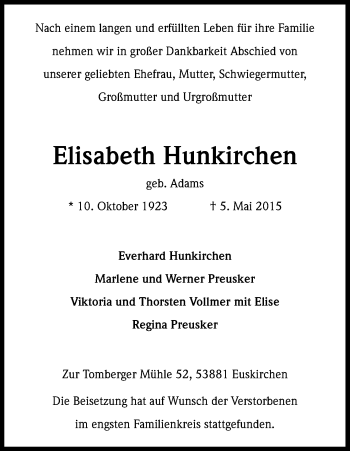 Anzeige von Elisabeth Hunkirchen von Kölner Stadt-Anzeiger / Kölnische Rundschau / Express