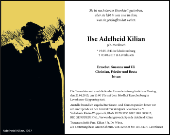 Anzeige von Ilse Adelheid Kilian von Kölner Stadt-Anzeiger / Kölnische Rundschau / Express