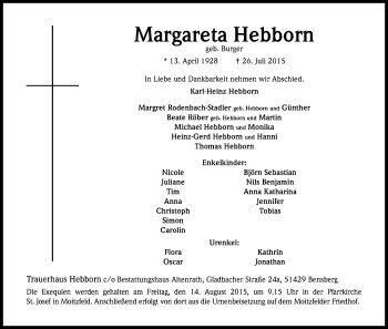 Anzeige von Margareta Hebborn von Kölner Stadt-Anzeiger / Kölnische Rundschau / Express