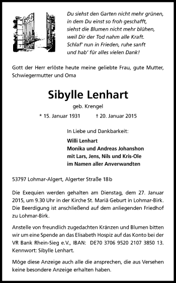 Anzeige von Sibylle Lenhart von Kölner Stadt-Anzeiger / Kölnische Rundschau / Express