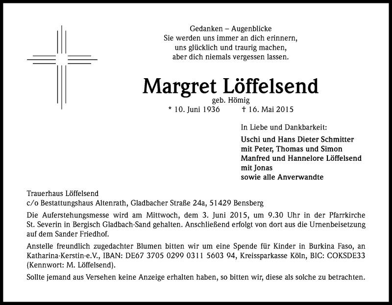  Traueranzeige für Margret Löffelsend vom 23.05.2015 aus Kölner Stadt-Anzeiger / Kölnische Rundschau / Express