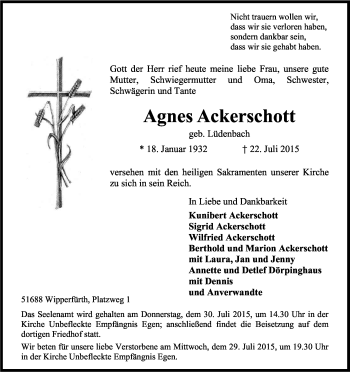Anzeige von Agnes Ackerschott von Kölner Stadt-Anzeiger / Kölnische Rundschau / Express