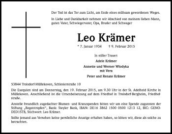Anzeige von Leo Krämer von Kölner Stadt-Anzeiger / Kölnische Rundschau / Express