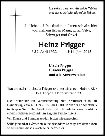 Anzeige von Heinz Prigger von Kölner Stadt-Anzeiger / Kölnische Rundschau / Express