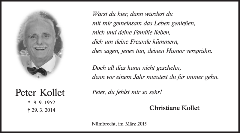  Traueranzeige für Peter Kollet vom 01.04.2015 aus  Lokalanzeiger 