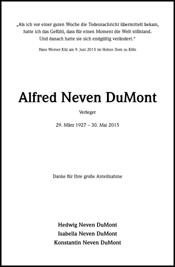 Anzeige von Alfred Neven DuMont von Kölner Stadt-Anzeiger / Kölnische Rundschau / Express