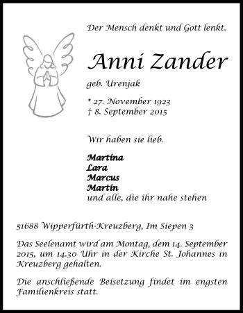 Anzeige von Anni Zander von Kölner Stadt-Anzeiger / Kölnische Rundschau / Express