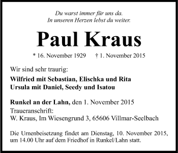 Anzeige von Paul Kraus von Kölner Stadt-Anzeiger / Kölnische Rundschau / Express