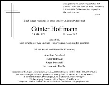 Anzeige von Günter Hoffmann von Kölner Stadt-Anzeiger / Kölnische Rundschau / Express