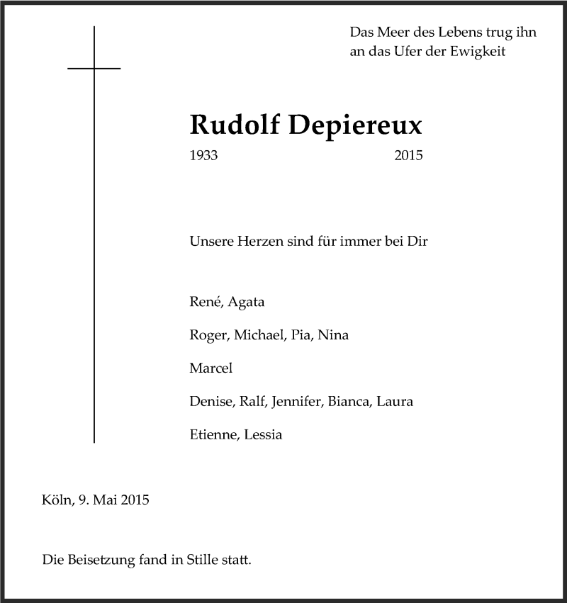  Traueranzeige für Rudolf Depiereux vom 09.05.2015 aus Kölner Stadt-Anzeiger / Kölnische Rundschau / Express