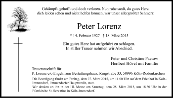 Anzeige von Peter Lorenz von Kölner Stadt-Anzeiger / Kölnische Rundschau / Express