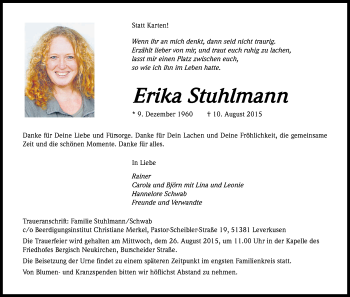 Anzeige von Erika Stuhlmann von Kölner Stadt-Anzeiger / Kölnische Rundschau / Express