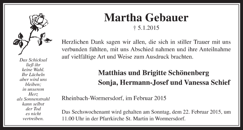  Traueranzeige für Martha Gebauer vom 18.02.2015 aus  Schaufenster/Blickpunkt 