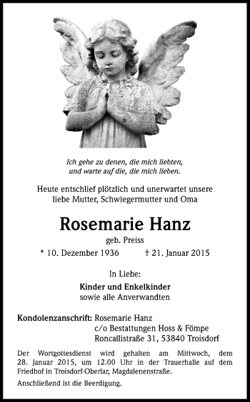 Anzeige von Rosemarie Hanz von Kölner Stadt-Anzeiger / Kölnische Rundschau / Express
