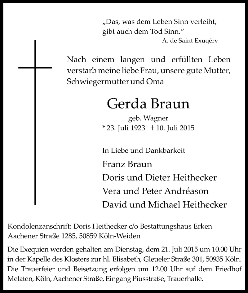  Traueranzeige für Gerda Braun vom 18.07.2015 aus Kölner Stadt-Anzeiger / Kölnische Rundschau / Express