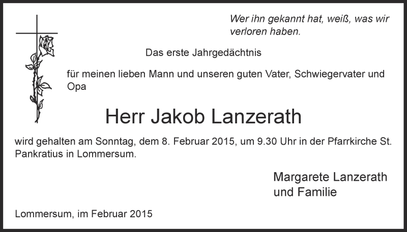  Traueranzeige für Jakob Lanzerath vom 01.02.2015 aus  Blickpunkt Euskirchen 