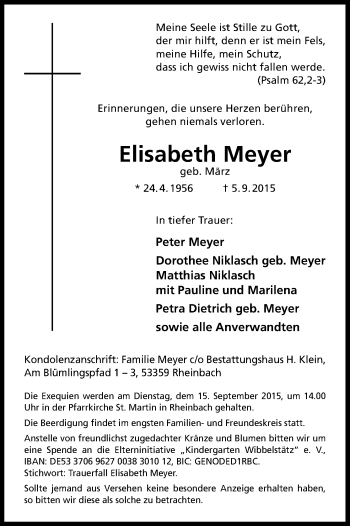 Anzeige von Elisabeth Meyer von Kölner Stadt-Anzeiger / Kölnische Rundschau / Express