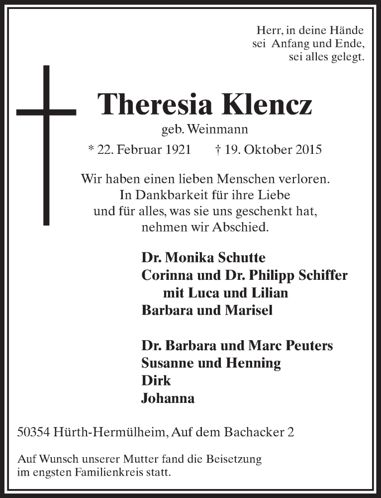  Traueranzeige für Theresia Klencz vom 04.11.2015 aus  Wochenende 
