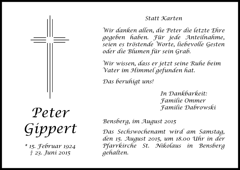  Traueranzeige für Peter Gippert vom 12.08.2015 aus Kölner Stadt-Anzeiger / Kölnische Rundschau / Express