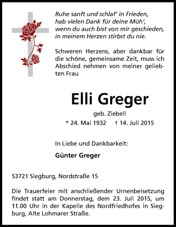 Anzeige von Elli Greger von Kölner Stadt-Anzeiger / Kölnische Rundschau / Express