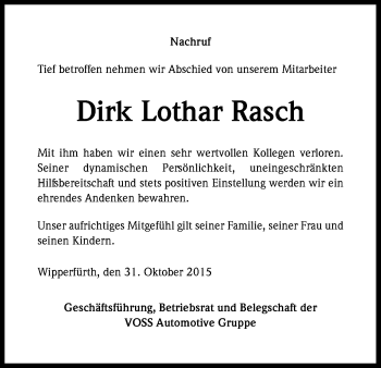 Anzeige von Dirk Lothar Rasch von Kölner Stadt-Anzeiger / Kölnische Rundschau / Express