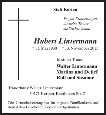 Anzeige von Hubert Lintermann von  Wochenende  Werbepost 