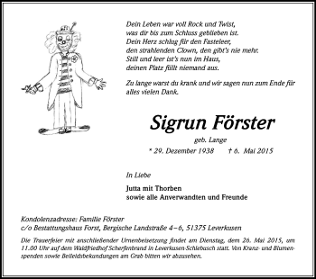 Anzeige von Sigrun Förster von Kölner Stadt-Anzeiger / Kölnische Rundschau / Express