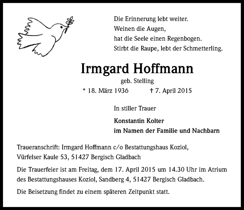  Traueranzeige für Irmgard Hoffmann vom 11.04.2015 aus Kölner Stadt-Anzeiger / Kölnische Rundschau / Express
