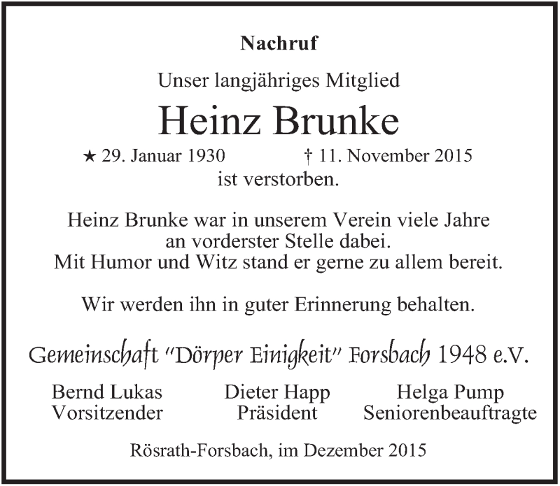  Traueranzeige für Heinz Brunke vom 02.12.2015 aus  Bergisches Handelsblatt 