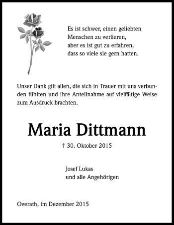 Anzeige von Maria Dittmann von Kölner Stadt-Anzeiger / Kölnische Rundschau / Express