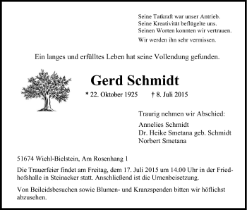 Anzeige von Gerd Schmidt von Kölner Stadt-Anzeiger / Kölnische Rundschau / Express