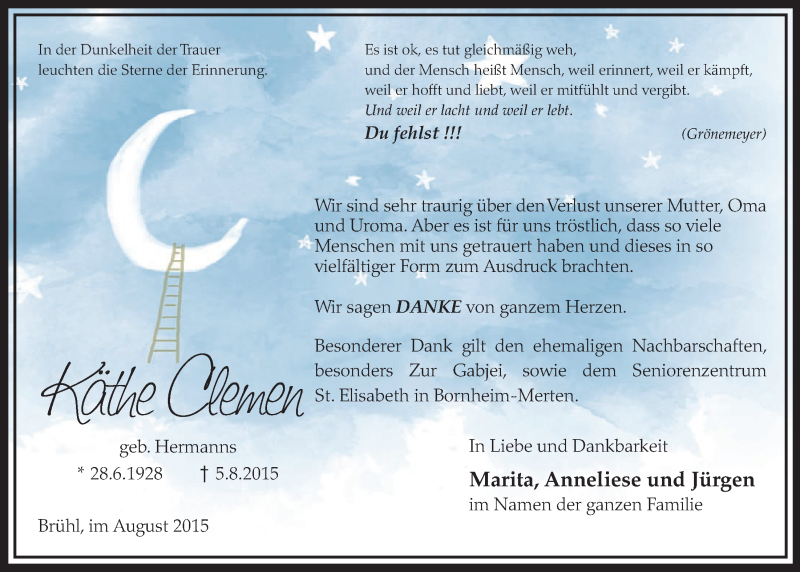  Traueranzeige für Käthe Clemen vom 19.08.2015 aus  Schlossbote/Werbekurier  Werbepost 