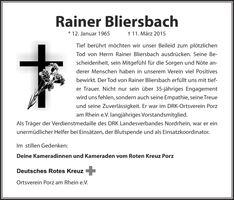  Traueranzeige für Rainer Bliersbach vom 18.03.2015 aus  Kölner Wochenspiegel 