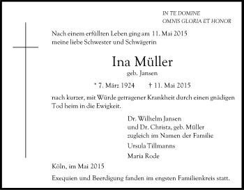 Anzeige von Ina Müller von Kölner Stadt-Anzeiger / Kölnische Rundschau / Express