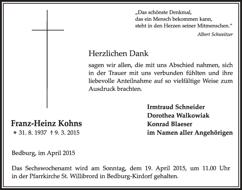  Traueranzeige für Franz-Heinz Kohns vom 11.04.2015 aus  Sonntags-Post 