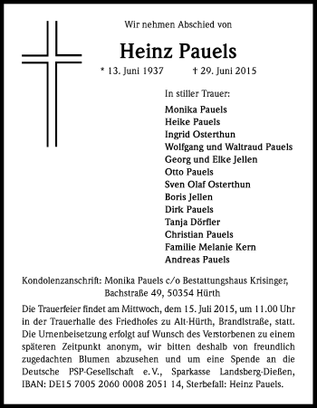 Anzeige von Heinz Pauels von Kölner Stadt-Anzeiger / Kölnische Rundschau / Express