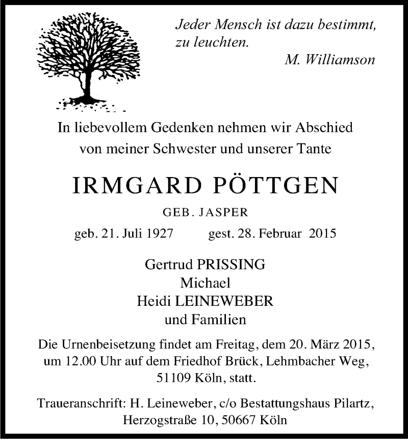  Traueranzeige für Irmgard Pöttgen vom 14.03.2015 aus Kölner Stadt-Anzeiger / Kölnische Rundschau / Express