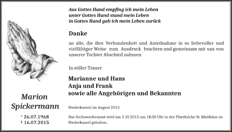  Traueranzeige für Marion Spickermann vom 09.09.2015 aus  Extra Blatt 